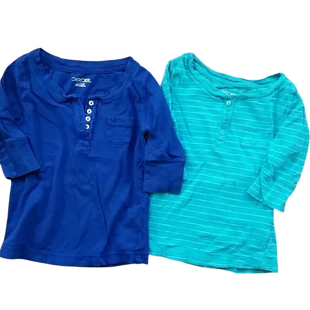 Cherokee Girls 3/4 Sleeve Polo 2 Pack‎ Shirts- Blue and Green Stripes Size 4-5